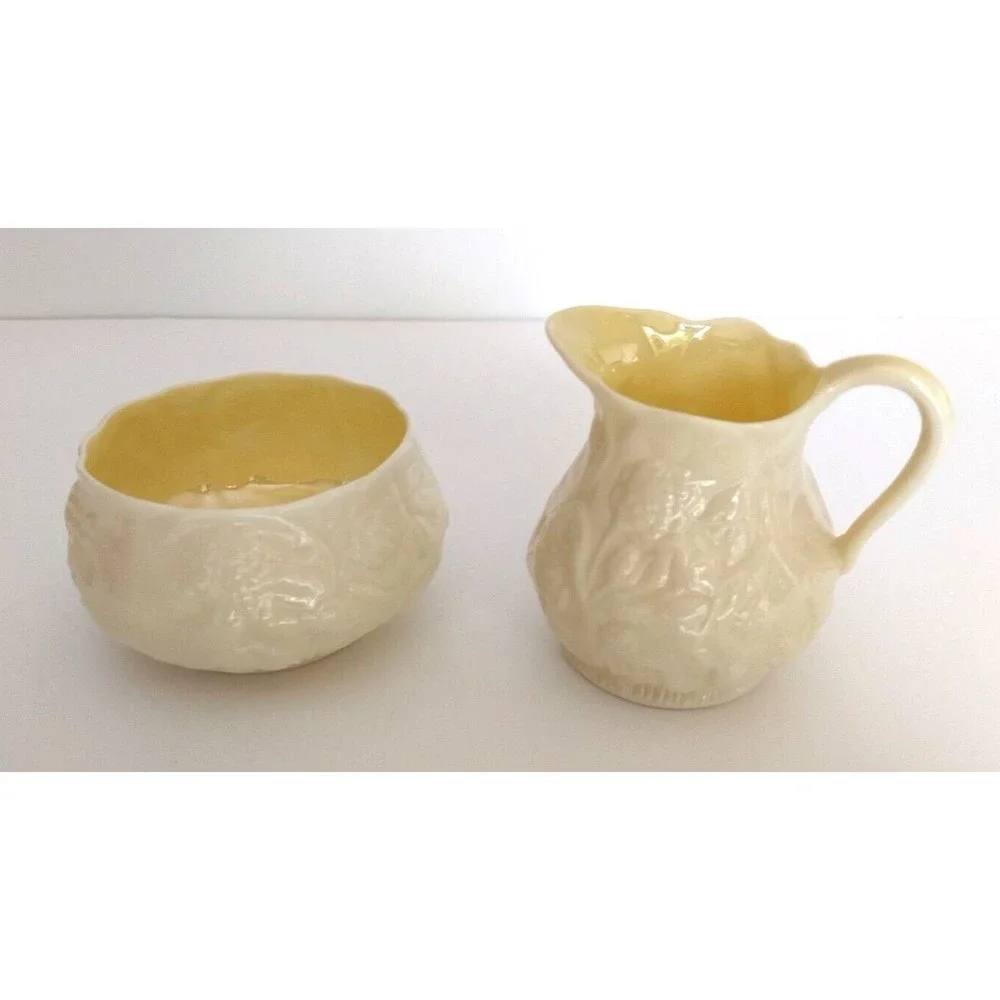 Belleek LOTUS Creamer & Sugar Bowl Green 5th Mark Irish Parian Porcelain Vintage